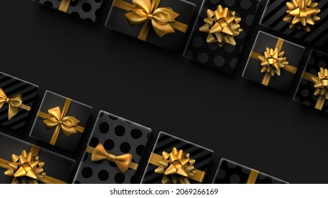 Cajas de regalo con arcos dorados y realistas negros. Rayado y polka-punto. Espacio para texto. Ilustración vectorial.