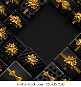 Cajas de regalo con arcos dorados y realistas negros. Rayado y polka-punto. Espacio para texto. Ilustración vectorial.