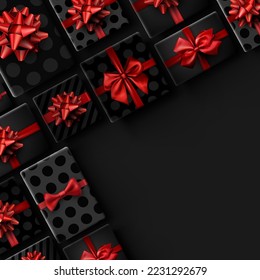 Black realistic wrapped gift boxes with red bows. Striped and polka-dot. Space for text. Vector illustration.