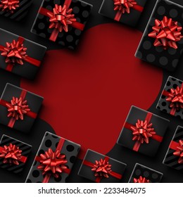 Black realistic wrapped gift boxes with bows. Striped and polka-dot. Space for text. Vector illustration.