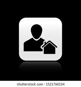 Black Realtor icon isolated on black background. Buying house. Silver square button. Vector Illustration