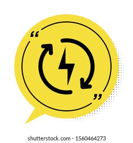Black Recharging icon isolated on white background. Electric energy sign. Yellow speech bubble symbol. Vector Illustration