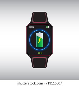 Black recharging smart watch with the level of charge on the screen. Smart watch isolated vector sign. Smart watch flat vector icon.