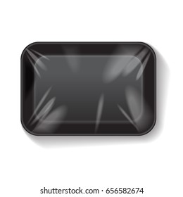 Black Rectangle Blank Styrofoam Plastic Food Tray Container. Vector Mock Up Template for your design