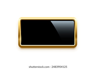 Black rectangle button with golden frame vector illustration. 3d glossy elegant design for empty label, emblem, medal or badge, shiny and gradient light effect on plate isolated on white background.