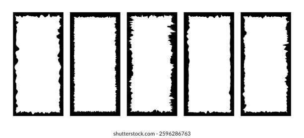 Black rectangle form with jagged edges. Ripped and cutout paper torn strip. Set of Vertical Grunge Frames. Vector illustration isolated on white background.