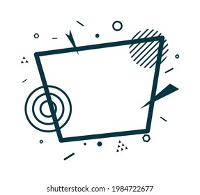 Black rectangle frame in flat style. Memphis art banner with abstract geometric shapes on white background. Outline sticker with place for promotion text, price tag, sale ad. Vector card illustration.