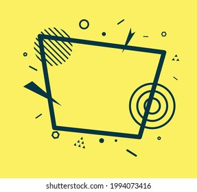 Black rectangle frame in flat style. Memphis art banner with abstract geometric shapes on yellow background. Outline sticker with place for promotion text, price tag, sale ad, vector card illustration