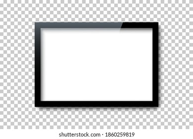 Black rectangle frame template with empty white copy space inside isolated on transparent background. Dark bound border shape with blank surface. Vector realistic horizontal mockup for design