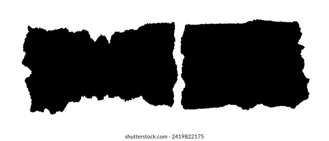 Black rectangle frames with jagged edges. Torn paper pieces set. Ripped shape silhouette collection. Textured grunge element bundle for collage, text box, banner, and sticker. Vector illustration