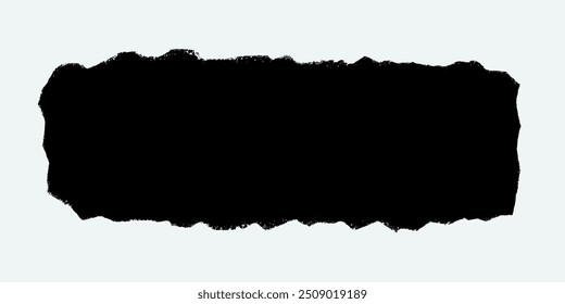 Black rectangle with grunge torn edges. Rough style frame silhouette. Ripped border square vector on light background. Ideal for stickers, banners, and collages