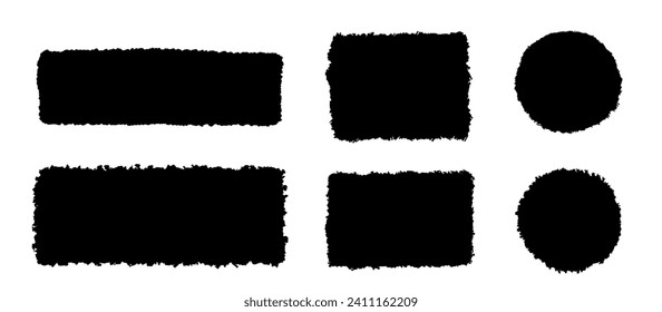 Black rectangle and round form with jagged edges. Ripped rectangular grunge shape silhouettes set. Textured vector element collection