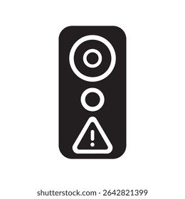 A black rectangle with rounded corners containing a circle, dot, and triangle with exclamation
