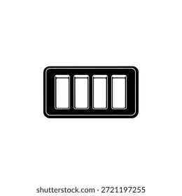 A black rectangle with rounded corners contains four white rectangular cutouts.