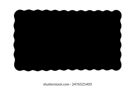 Black rectangle shape with wiggly edges. Rectangular form with scalloped borders. Empty curvy text box or banner, tag or label template isolated on white background. Vector graphic illustration.