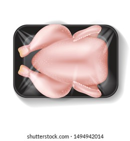 Black Rectangle Styrofoam Plastic Food Tray Container with raw chicken. Vector Mock Up Template for your design