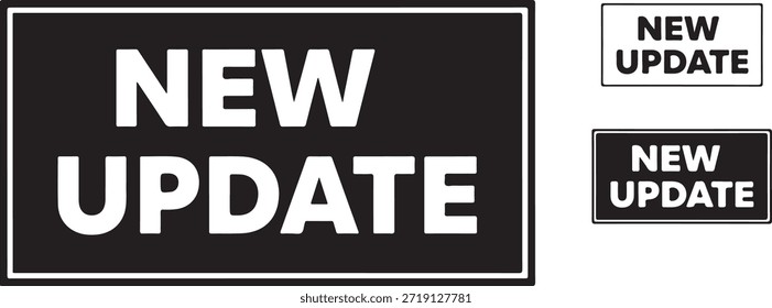 Black rectangle with white text new update and smaller white rectangles with black text new update
