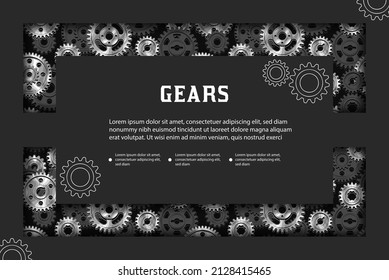 Black rectangular background with technology black and silver steel gears, space for text. Business template.