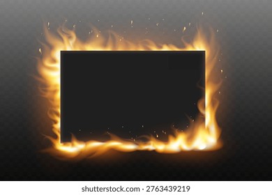 Black rectangular frame engulfed in realistic flames and flying sparks on a transparent background