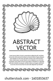 Black rectangular frame in Greek style, seashell logo, mediterranean style invitation template, vector illustration