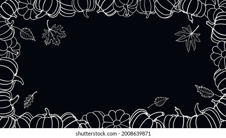 Black rectangular frame with hand drawn white vector pumpkins and autumn leaves with empty place for text. Autumn template which has got copy space for inscription.