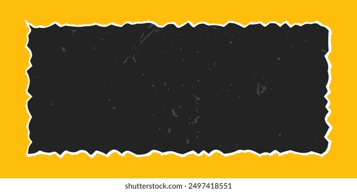 Black rectangular frame with vintage gritty texture, vector element with jagged edges isolated on yellow background. Old torn ripped paper, banner template.