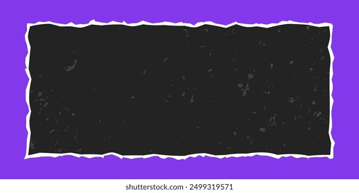 Black rectangular frame with vintage gritty texture, vector element with jagged edges isolated on purple background. Old torn ripped paper, banner template.