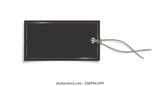 Black rectangular hanging tag with gold borders. Blank labels mockup. Paper empty sticker for price, sales, gifts, presents. Realistic vector illustration isolated on white background.