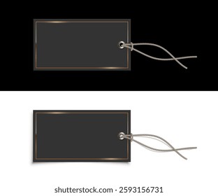 Black rectangular hanging tag with gold borders. Blank labels mockup. Paper empty sticker for price, sales, gifts, presents. Realistic vector illustrations set isolated on white and black backgrounds.