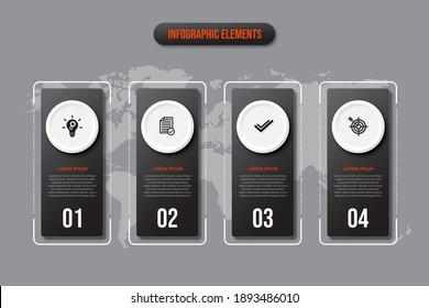 Black  rectangular infographics elements, Thin line pictograms, pointers and text box, Concept of business model with 4 successive steps, Modern design template, Steps or processes.