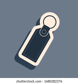 Black Rectangular key chain with ring for key icon isolated on grey background. Long shadow style. Vector Illustration