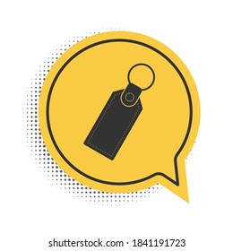 Black Rectangular key chain with ring for key icon isolated on white background. Yellow speech bubble symbol. Vector.