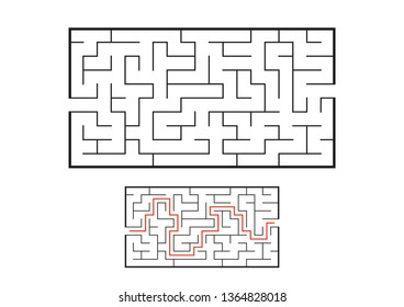 Black rectangular labyrinth. Game for kids. Puzzle for children. Maze conundrum. Flat vector illustration isolated on white background. With the answer