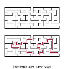 Black rectangular labyrinth with an input and an exit. An interesting and useful game for children. Simple flat vector illustration isolated on white background. With the answer.