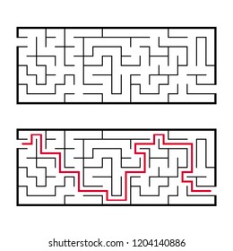 Black rectangular labyrinth with an input and an exit. An interesting and useful game for children. Simple flat vector illustration isolated on white background. With the answer.