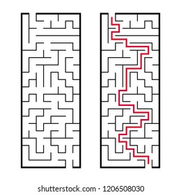 Black rectangular labyrinth with an input and an exit. An interesting and useful game for children. Simple flat vector illustration isolated on white background. With the answer.