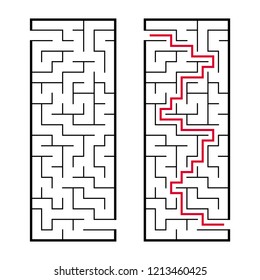 Black rectangular labyrinth with an input and an exit. An interesting and useful game for children. Simple flat vector illustration isolated on white background. With the answer.