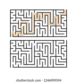 Black rectangular labyrinth with an input and an exit. An interesting and useful game for children. Simple flat vector illustration isolated on white background. With the answer.