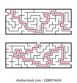 Black rectangular labyrinth with an input and an exit. An interesting and useful game for children. Simple flat vector illustration isolated on white background. With the answer.