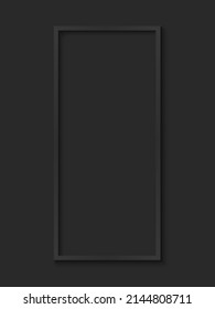 Black Rectangular Photo Frame for Art Gallery Wall. Blank and Empty Dark Border for Picture on Black Background. Simple Wood Grey Poster. Modern Template Design. Isolated Vector Illustration.