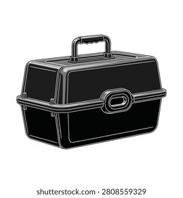 A black, rectangular portable storage box with a handle and latch, typically used for tools or fishing tackle, isolated on a white background.