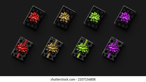 Black rectangular realistic wrapped gift boxes. Red, Golden, purple, green bows. Polka-dot. Vector illustration.