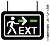 A black rectangular sign with rounded corners displays a white running figure, a white arrow pointing right, and the white text "EXIT". Green rectangles are placed next to the arrow.