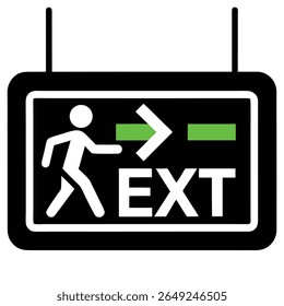 Um sinal retangular preto com cantos arredondados exibe uma figura branca em execução, uma seta branca apontando para a direita e o texto branco "EXIT". Retângulos verdes são colocados ao lado da seta.