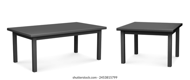 Black rectangular and square kitchen or office table. Realistic vector illustration set of plastic home or cafe furniture with empty tabletop. Stand for exhibition show or restaurant food display.