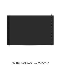 Black rectangular textile label with stitched edges. Realistic vector illustration. For brand labels and clothing information. Blank template. Isolated background.