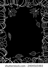 Black rectangular vertical frame with hand drawn white vector pumpkins and autumn leaves with empty place for text. Autumn template with copy space for inscription.