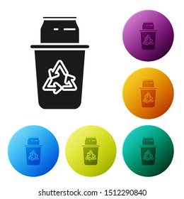 Black Recycle bin with recycle symbol and can icon isolated on white background. Trash can icon. Garbage bin sign. Recycle basket sign. Set icons colorful circle buttons. Vector Illustration