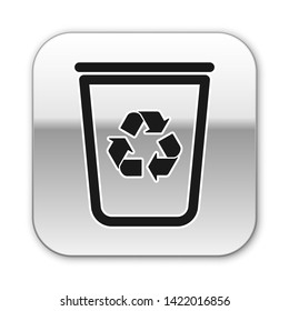 Black Recycle bin with recycle symbol icon isolated on white background. Trash can icon. Garbage bin sign. Recycle basket sign. Silver square button. Vector Illustration