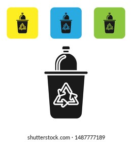 Black Recycle bin with recycle symbol icon isolated on white background. Trash can icon. Garbage bin sign. Recycle basket sign. Set icons colorful square buttons. Vector Illustration